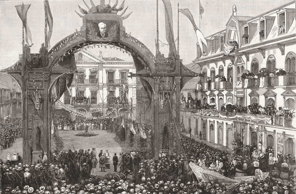 PANAMA. Inspection of canal works by de Lesseps-in cathedral place 1886 print